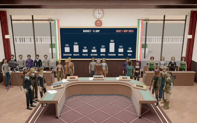 The committee room by day: five faction leaders behind the U-shaped table, the budget board on the wall, press and public on the benches beside the windows